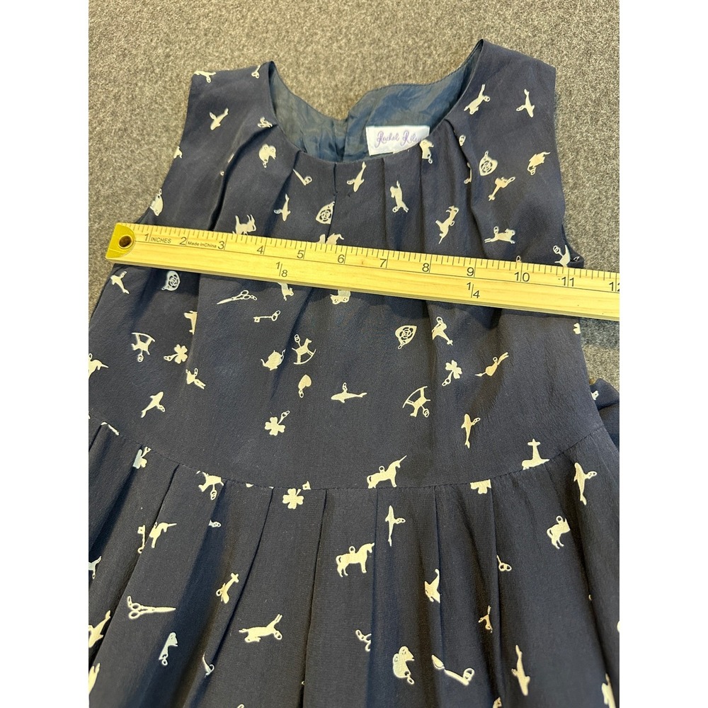 Rachel Riley Silk Dress Girls Size 7 Navy Toy Print Sleeveless Pleated Tie Waist - Picture 6 of 15